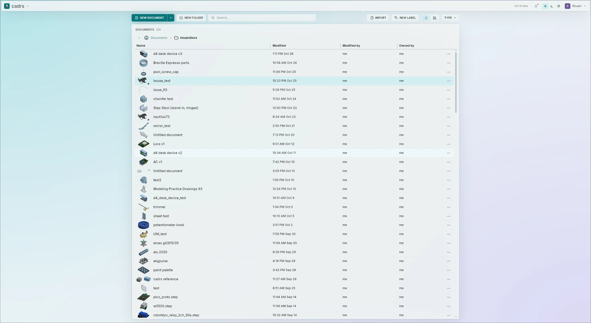 The documents page: a folder of documents with thumbnails, sorted by when they were modified