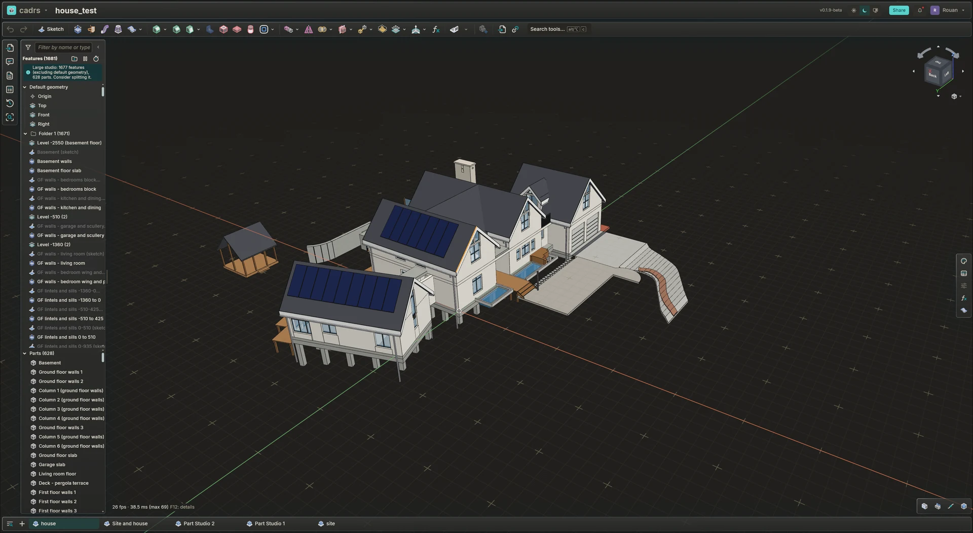 A house in a cadrs Part Studio: 1,681 features and 628 parts in the feature list beside the 3D view