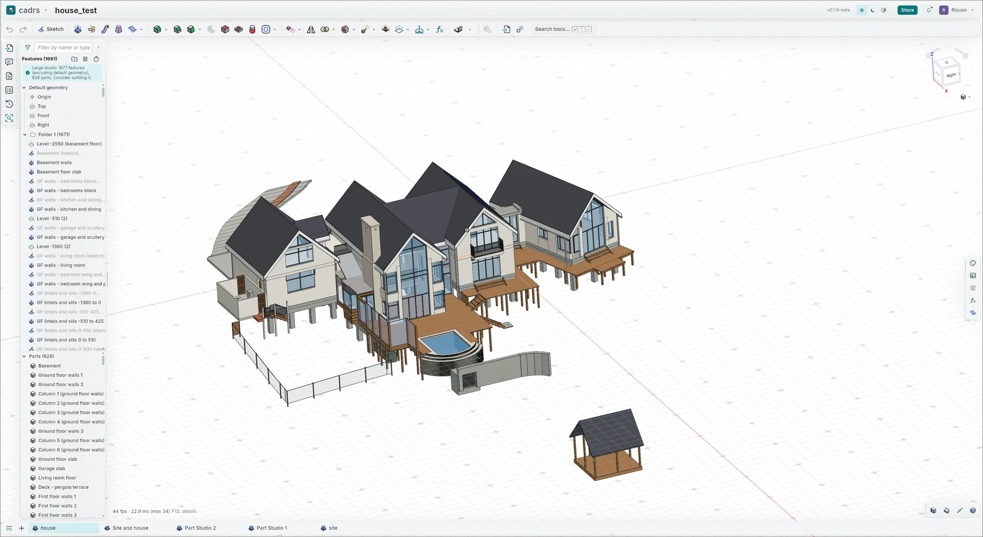 A house in a cadrs Part Studio: 1,681 features and 628 parts in the feature list beside the 3D view