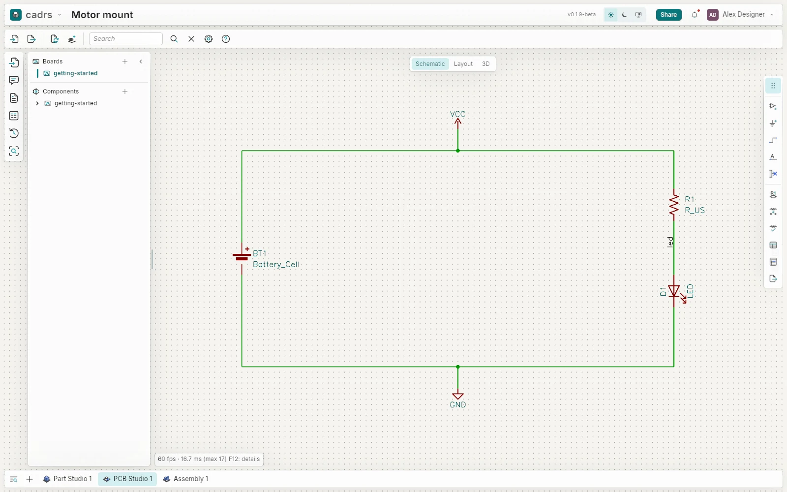A schematic in a PCB Studio: a battery, a resistor and an LED between VCC and GND